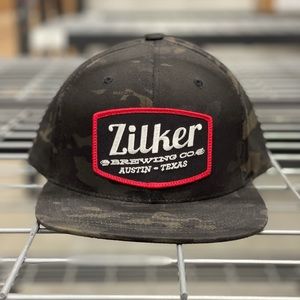 Zilker Brew. Camo Trucker Hat w/ Red Trim Patch